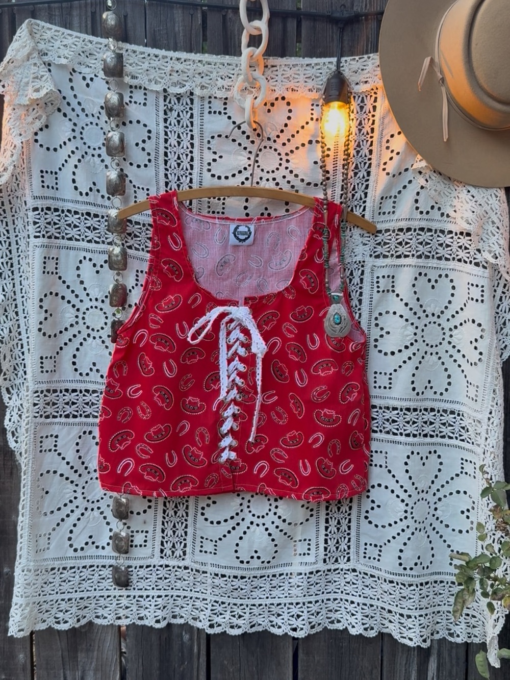 Handmade vintage fabric Lace-Up Tank Top